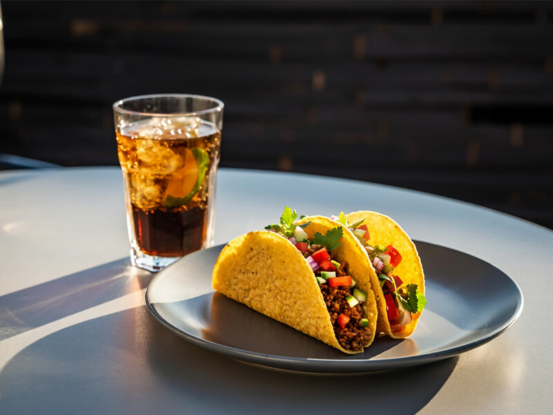 A picture of a taco and drink on a table